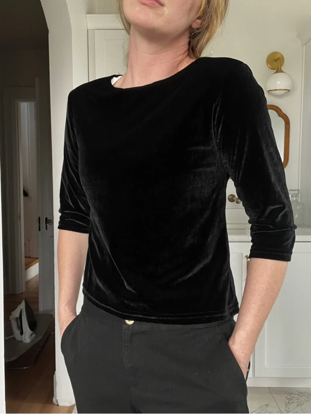 Vintage Y2K Black Velvet 3/4 Sleeve Women's Top - Picture 1 of 5